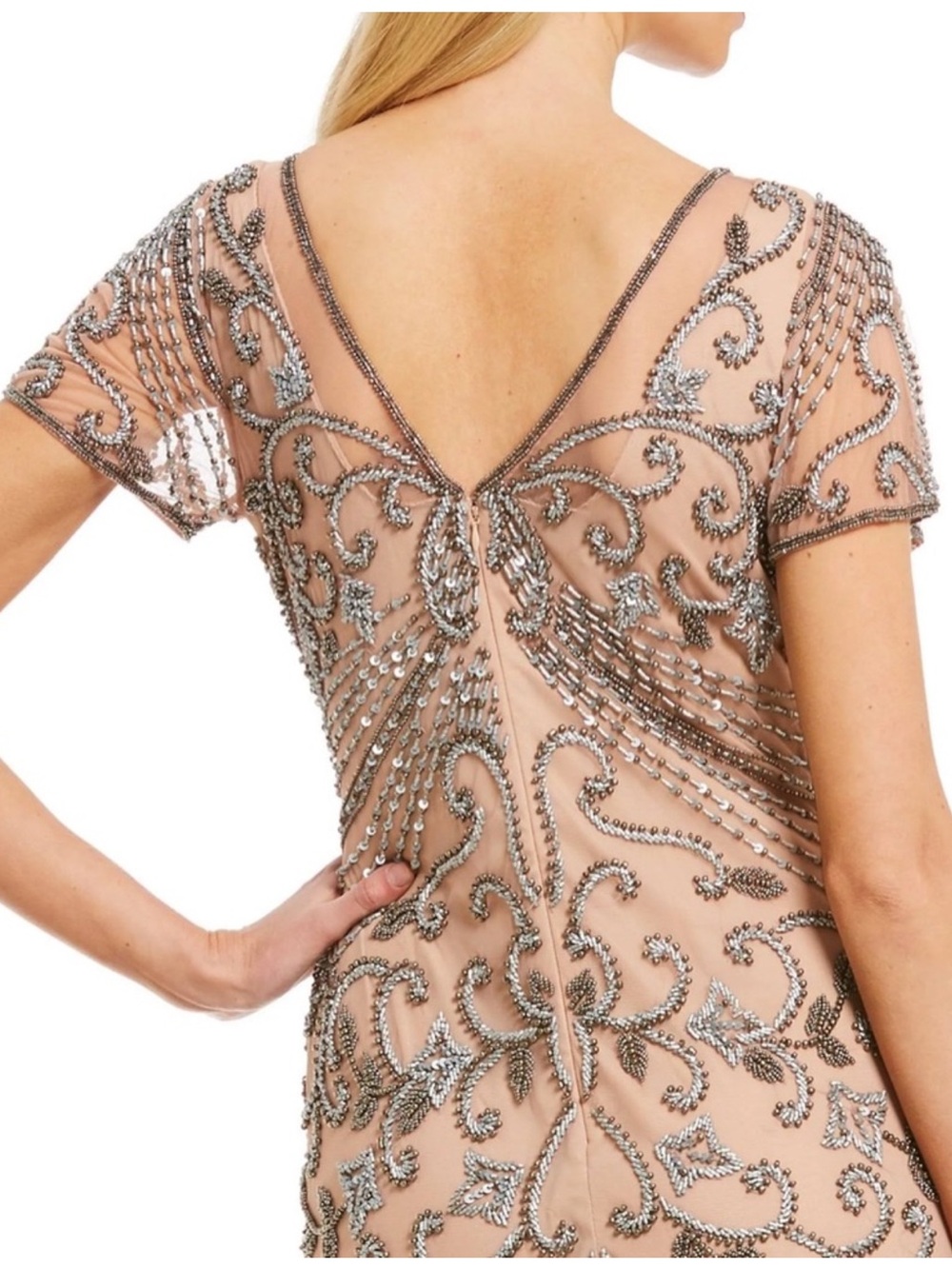 Pisarro Nights Blush Nude Silver Beaded Longline Gown NWT 10 - Picture 9 of 15
